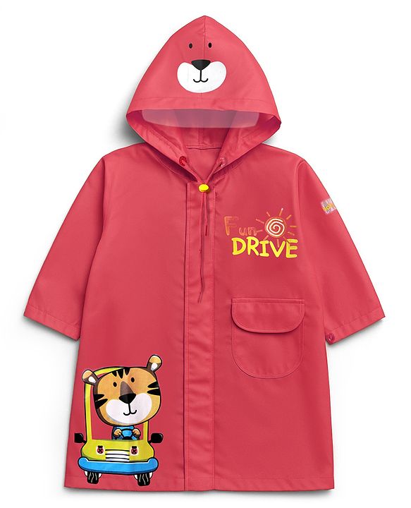 Babyhug Full Sleeves Hooded Raincoat With Tiger Print - Red