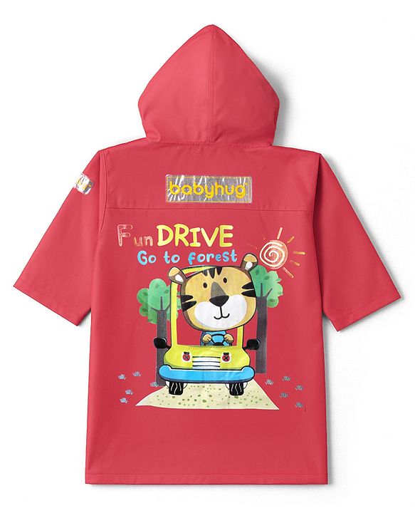 Babyhug Full Sleeves Hooded Raincoat With Tiger Print - Red