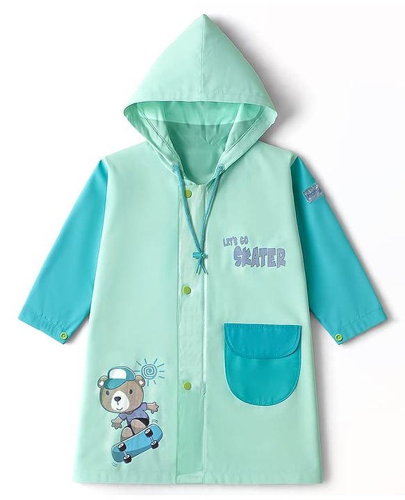Babyhug Full Sleeves Hooded Raincoat with Teddy Print - Aqua Blue