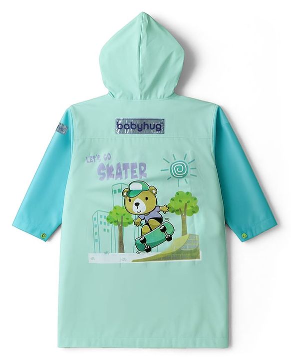 Babyhug Full Sleeves Hooded Raincoat with Teddy Print - Aqua Blue