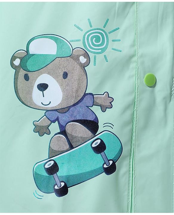 Babyhug Full Sleeves Hooded Raincoat with Teddy Print - Aqua Blue