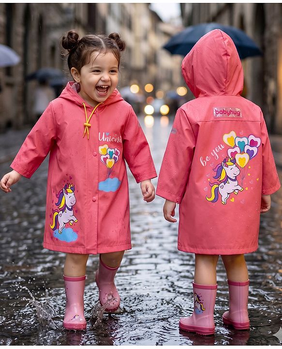Babyhug Full Sleeves Below Knee Length Hooded Raincoat With Unicorn Print - Pink