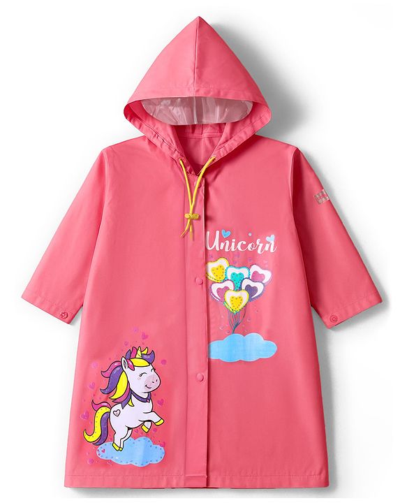 Babyhug Full Sleeves Below Knee Length Hooded Raincoat With Unicorn Print - Pink