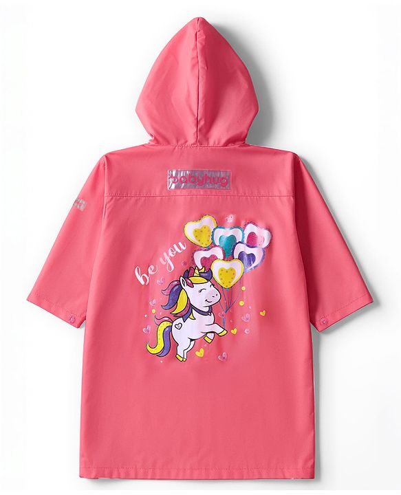 Babyhug Full Sleeves Below Knee Length Hooded Raincoat With Unicorn Print - Pink
