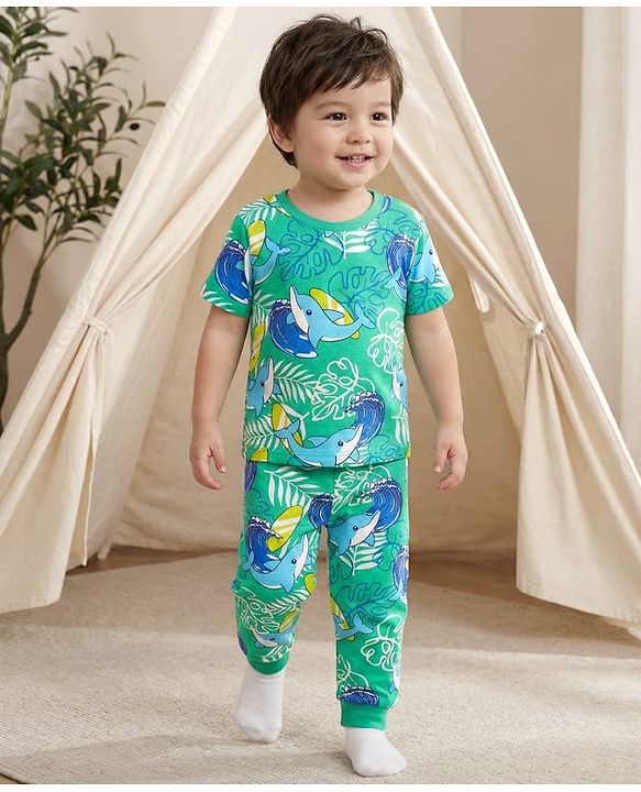 Babyhug Cotton Knit Half Sleeves Co-Ord Night Suit With Dolphin & Leaf Print - Green