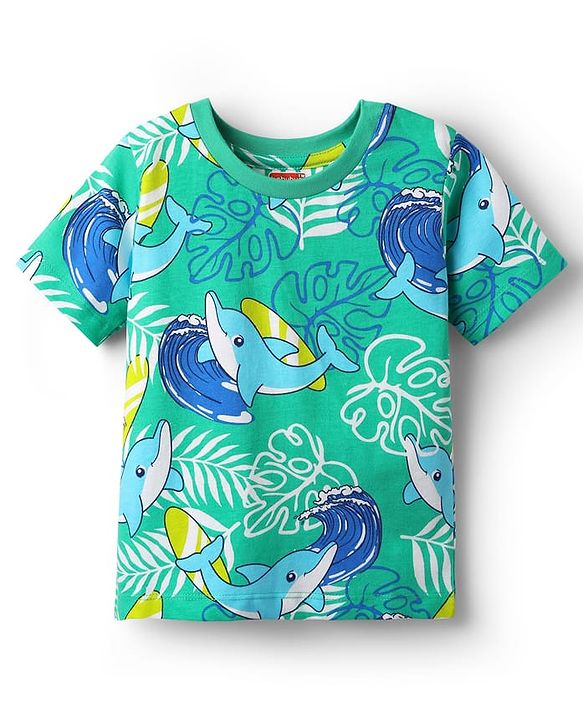 Babyhug Cotton Knit Half Sleeves Co-Ord Night Suit With Dolphin & Leaf Print - Green