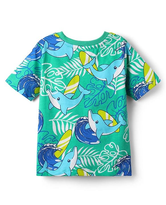 Babyhug Cotton Knit Half Sleeves Co-Ord Night Suit With Dolphin & Leaf Print - Green