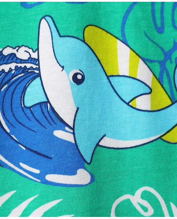 Babyhug Cotton Knit Half Sleeves Co-Ord Night Suit With Dolphin & Leaf Print - Green