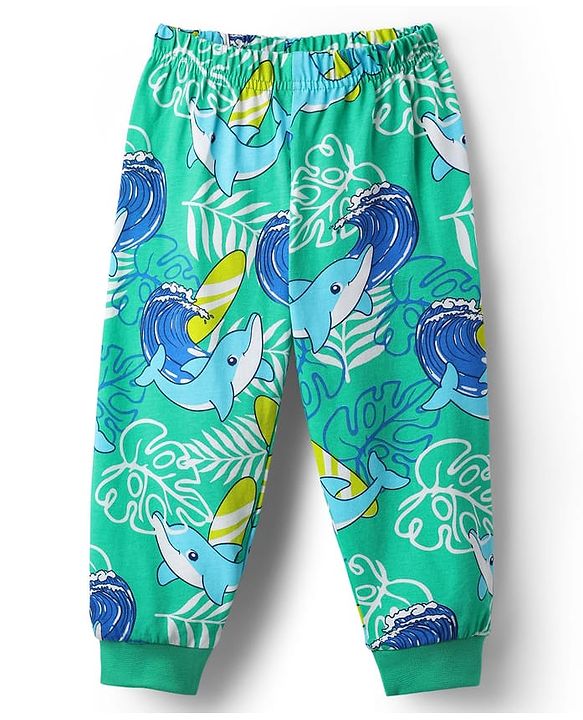 Babyhug Cotton Knit Half Sleeves Co-Ord Night Suit With Dolphin & Leaf Print - Green