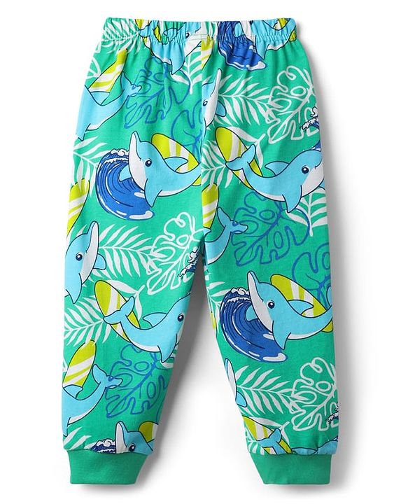 Babyhug Cotton Knit Half Sleeves Co-Ord Night Suit With Dolphin & Leaf Print - Green
