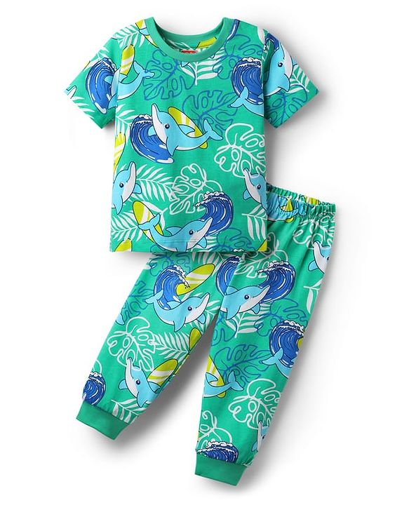 Babyhug Cotton Knit Half Sleeves Co-Ord Night Suit With Dolphin & Leaf Print - Green