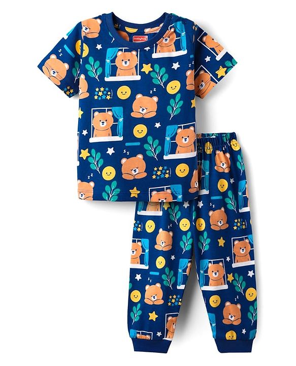Babyhug Cotton Knit Half Sleeves Co-Ord Night Suit With Animal  Print - Navy Blue