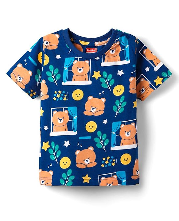 Babyhug Cotton Knit Half Sleeves Co-Ord Night Suit With Animal  Print - Navy Blue