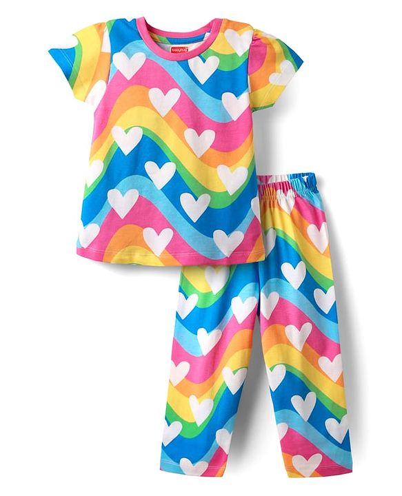 Babyhug Cotton Knit Half Sleeves Co-Ord Night Suit With Heart Print - Pink & Blue