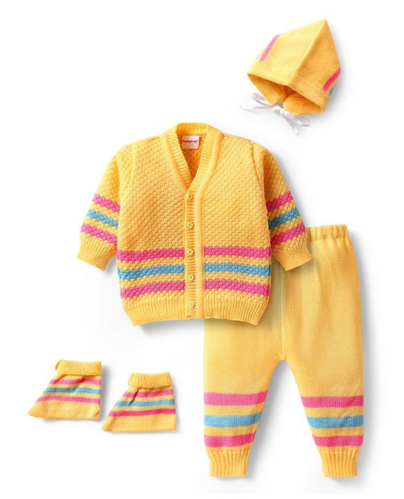 Babyhug Knitted Full Sleeves Striped Front Open Sweater Set with Booties & Cap - Yellow