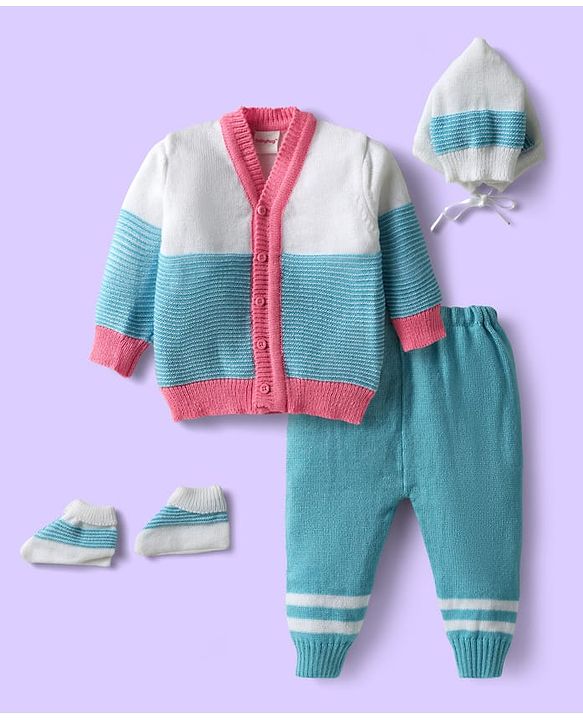 Babyhug Knit Front Open Striped & Color Block Front Open Sweater Set with Cap & Booties - Teal Blue