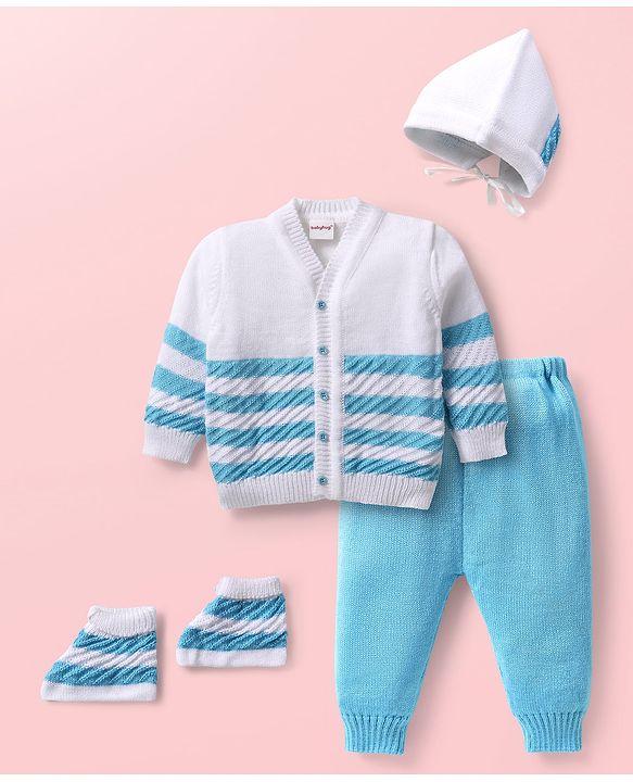 Babyhug Knitted Full Sleeves Striped Baby Sweater Set with Cap & Booties - White & Red