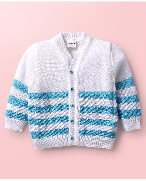 Babyhug Knitted Full Sleeves Striped Baby Sweater Set with Cap & Booties - White & Red