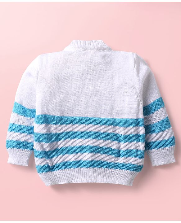 Babyhug Knitted Full Sleeves Striped Baby Sweater Set with Cap & Booties - White & Red