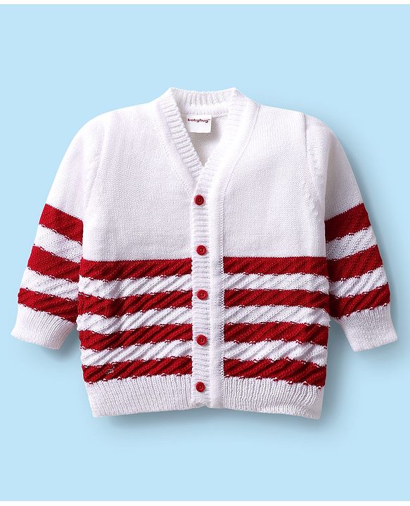 Babyhug Knitted Full Sleeves Striped Baby Sweater Set with Cap & Booties - White & Red