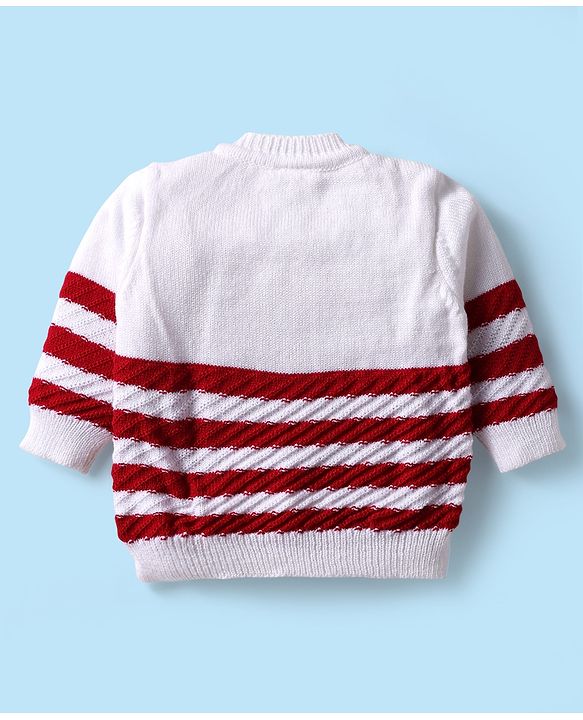 Babyhug Knitted Full Sleeves Striped Baby Sweater Set with Cap & Booties - White & Red