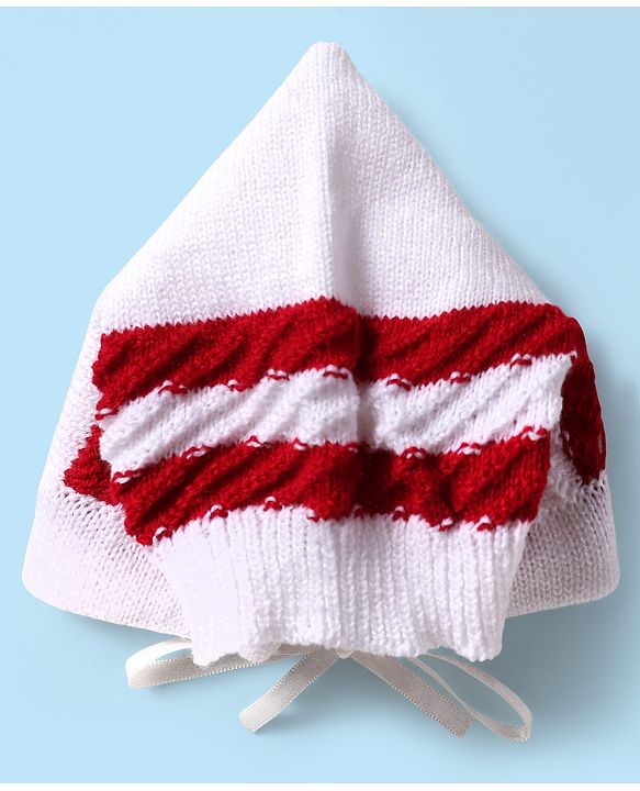 Babyhug Knitted Full Sleeves Striped Baby Sweater Set with Cap & Booties - White & Red