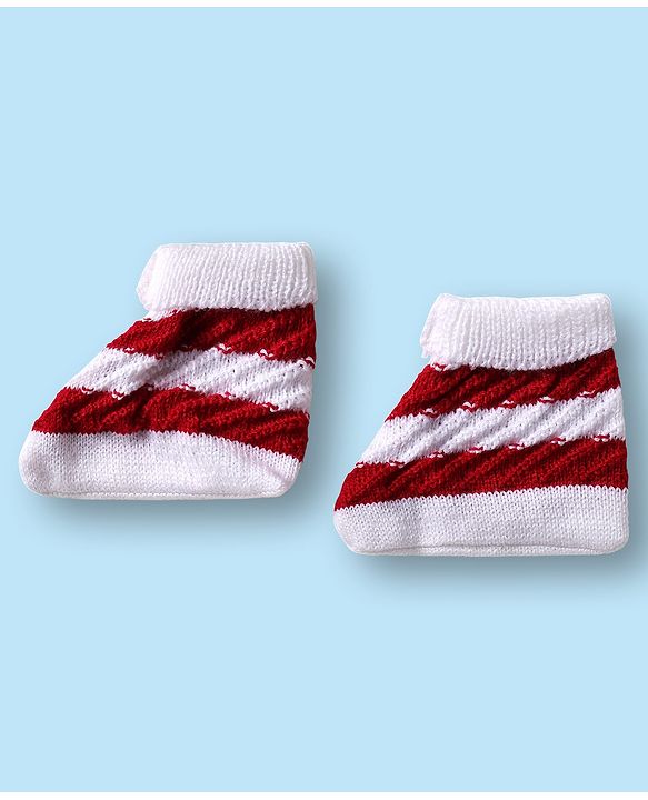 Babyhug Knitted Full Sleeves Striped Baby Sweater Set with Cap & Booties - White & Red