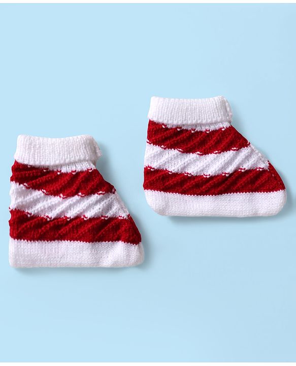 Babyhug Knitted Full Sleeves Striped Baby Sweater Set with Cap & Booties - White & Red