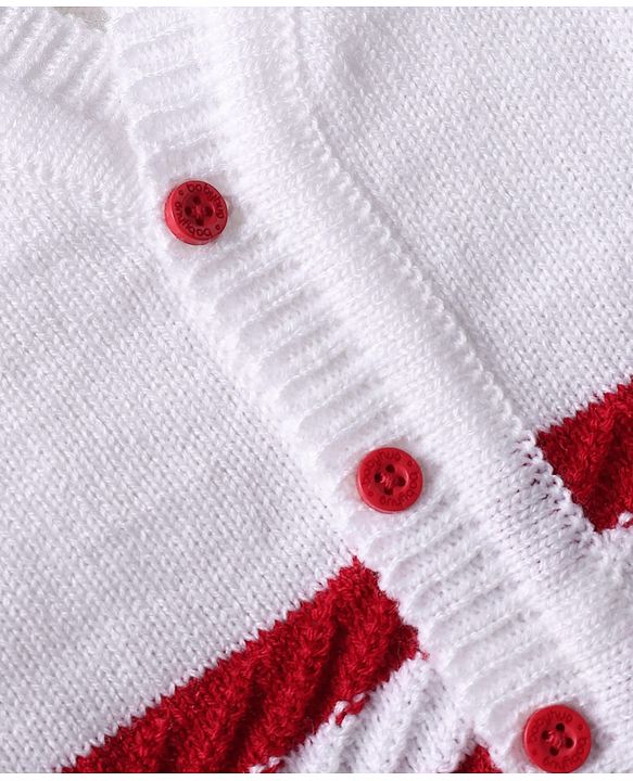 Babyhug Knitted Full Sleeves Striped Baby Sweater Set with Cap & Booties - White & Red