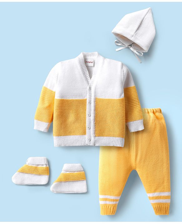 Babyhug Knitted Full Sleeves Color Block Front Open Sweater with Booties & Cap 4 Piece Set - Yellow & White