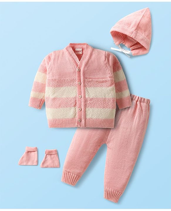 Babyhug Knit Full Sleeves Front Open Sweater Set with Stripe Design Cap with Knot & Booties - Pink & White