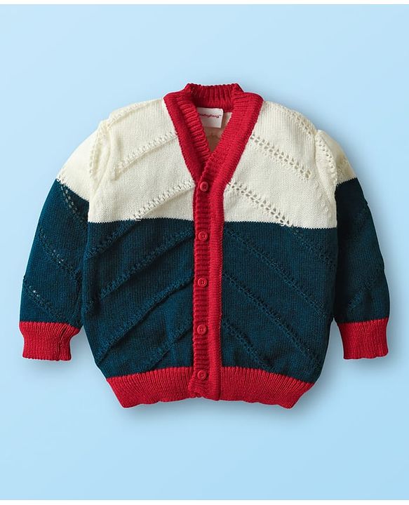 Babyhug Knit Front Open Striped & Color Block Front Open Sweater Set with Cap & Booties - Red & Navy Blue