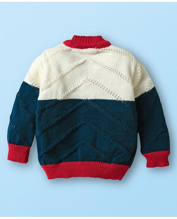 Babyhug Knit Front Open Striped & Color Block Front Open Sweater Set with Cap & Booties - Red & Navy Blue