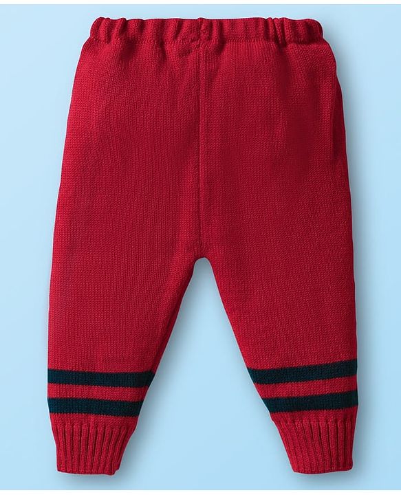 Babyhug Knit Front Open Striped & Color Block Front Open Sweater Set with Cap & Booties - Red & Navy Blue