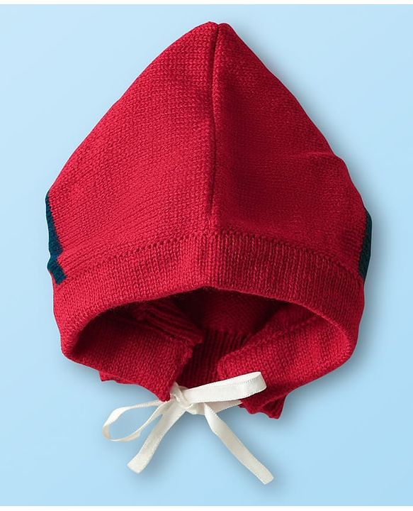 Babyhug Knit Front Open Striped & Color Block Front Open Sweater Set with Cap & Booties - Red & Navy Blue
