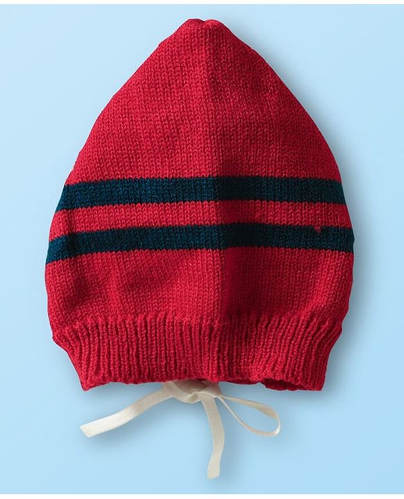 Babyhug Knit Front Open Striped & Color Block Front Open Sweater Set with Cap & Booties - Red & Navy Blue