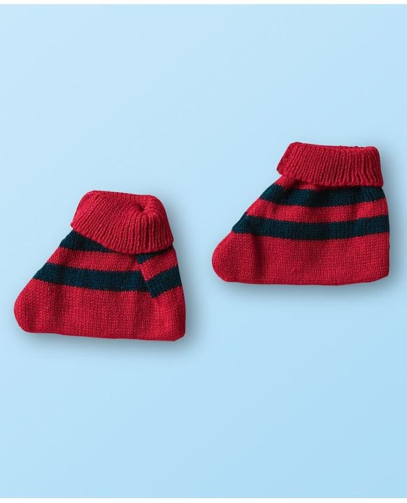 Babyhug Knit Front Open Striped & Color Block Front Open Sweater Set with Cap & Booties - Red & Navy Blue