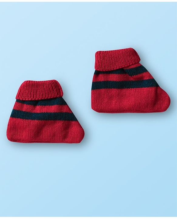 Babyhug Knit Front Open Striped & Color Block Front Open Sweater Set with Cap & Booties - Red & Navy Blue