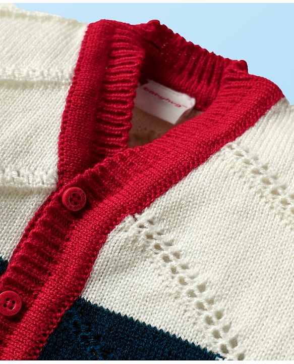 Babyhug Knit Front Open Striped & Color Block Front Open Sweater Set with Cap & Booties - Red & Navy Blue