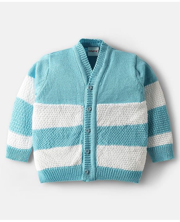 Babyhug Knit Full Sleeves Front Open Sweater Set with Stripe Design Cap with Knot & Booties - Blue & White