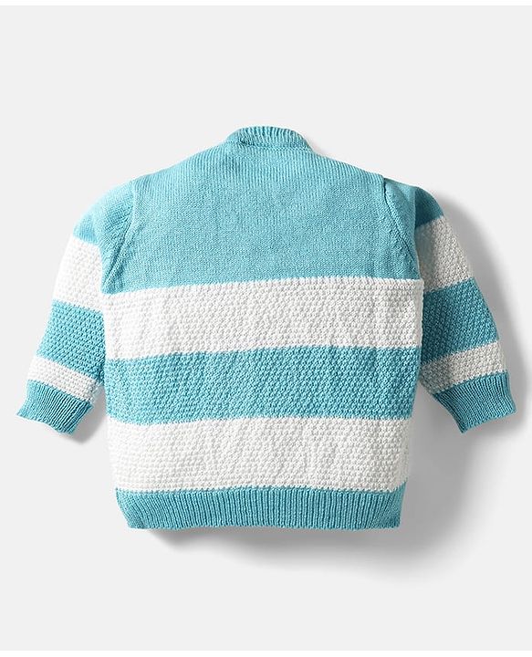 Babyhug Knit Full Sleeves Front Open Sweater Set with Stripe Design Cap with Knot & Booties - Blue & White