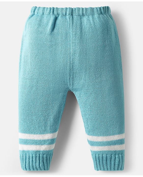 Babyhug Knit Full Sleeves Front Open Sweater Set with Stripe Design Cap with Knot & Booties - Blue & White
