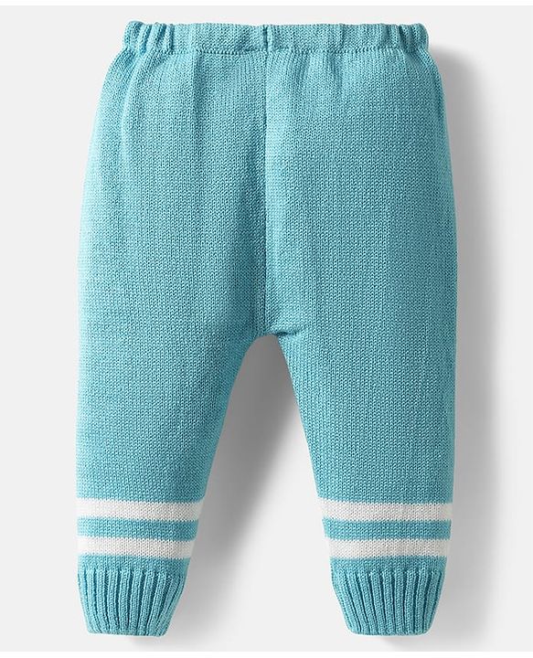 Babyhug Knit Full Sleeves Front Open Sweater Set with Stripe Design Cap with Knot & Booties - Blue & White