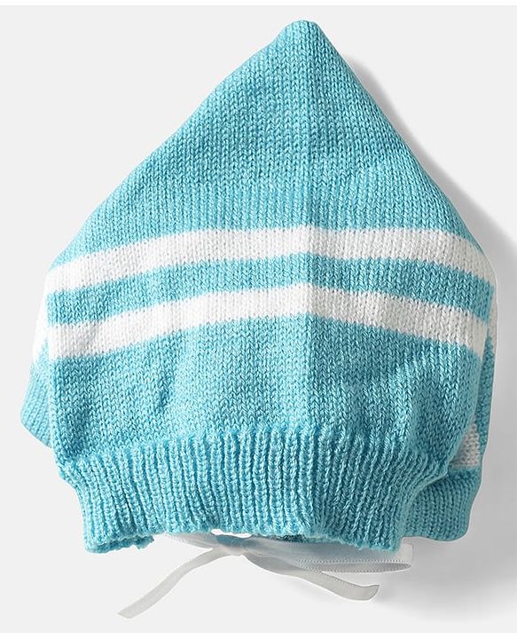 Babyhug Knit Full Sleeves Front Open Sweater Set with Stripe Design Cap with Knot & Booties - Blue & White