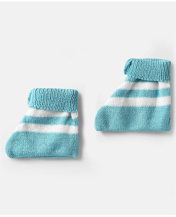 Babyhug Knit Full Sleeves Front Open Sweater Set with Stripe Design Cap with Knot & Booties - Blue & White