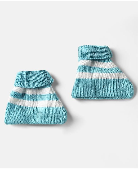 Babyhug Knit Full Sleeves Front Open Sweater Set with Stripe Design Cap with Knot & Booties - Blue & White
