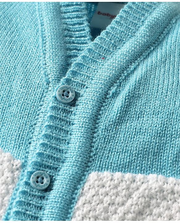 Babyhug Knit Full Sleeves Front Open Sweater Set with Stripe Design Cap with Knot & Booties - Blue & White