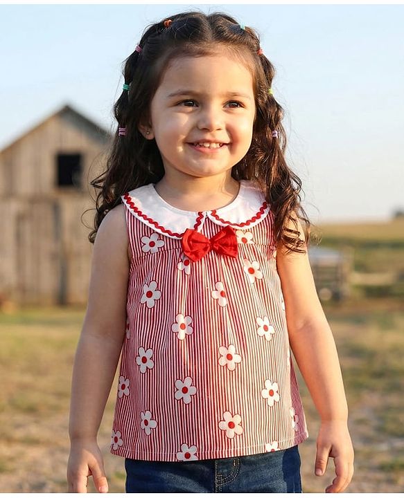 Babyhug Rayon Woven Sleeveless Striped Peter Pan Collared Top with Bow Applique & Floral Print - Red