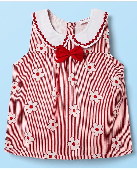 Babyhug Rayon Woven Sleeveless Striped Peter Pan Collared Top with Bow Applique & Floral Print - Red