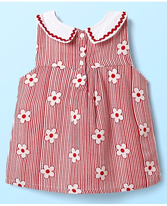 Babyhug Rayon Woven Sleeveless Striped Peter Pan Collared Top with Bow Applique & Floral Print - Red